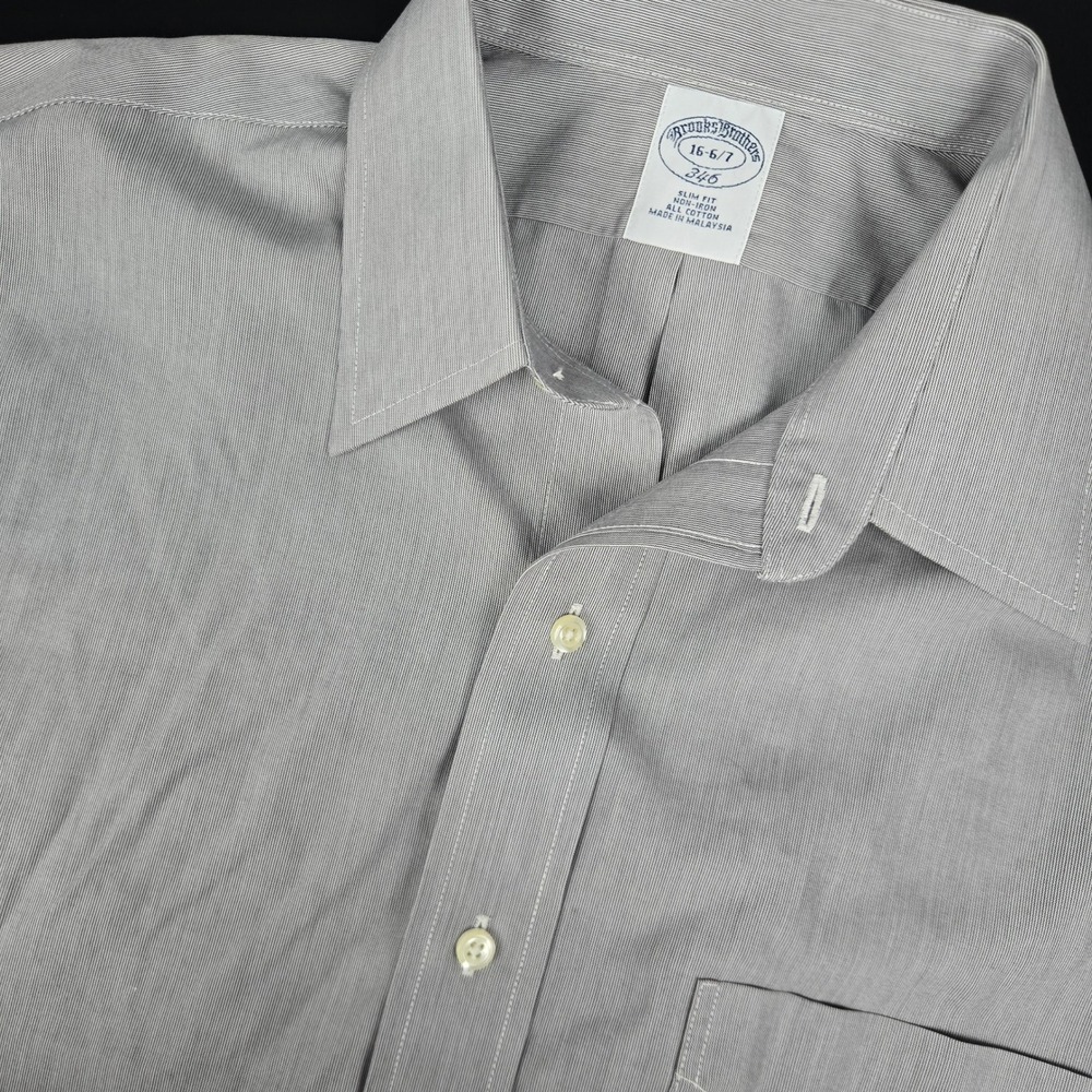 Brooks Brothers 346 Mens 16 6/7 Slim Fit Grey Micro Stripe Non Iron Cotton Shirt